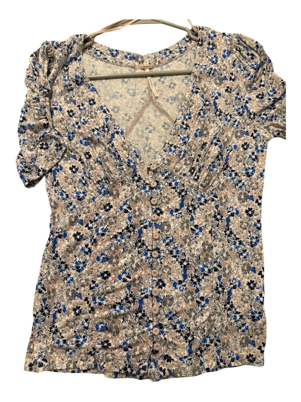Free People Floral Button-Front Women’s Top in Blue and Cream